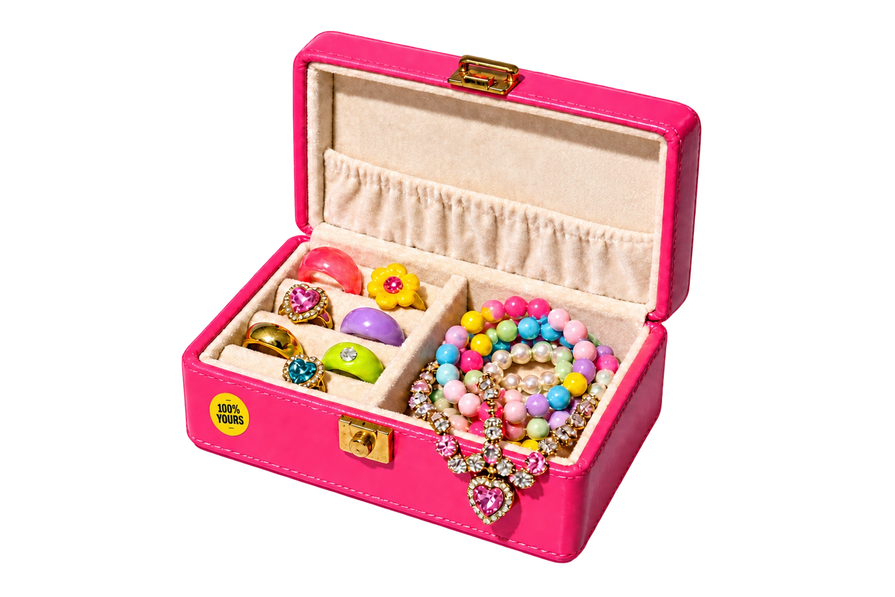 An open pink jewellery box full of colourful rings and bracelets, with a yellow 100% yours sticker.