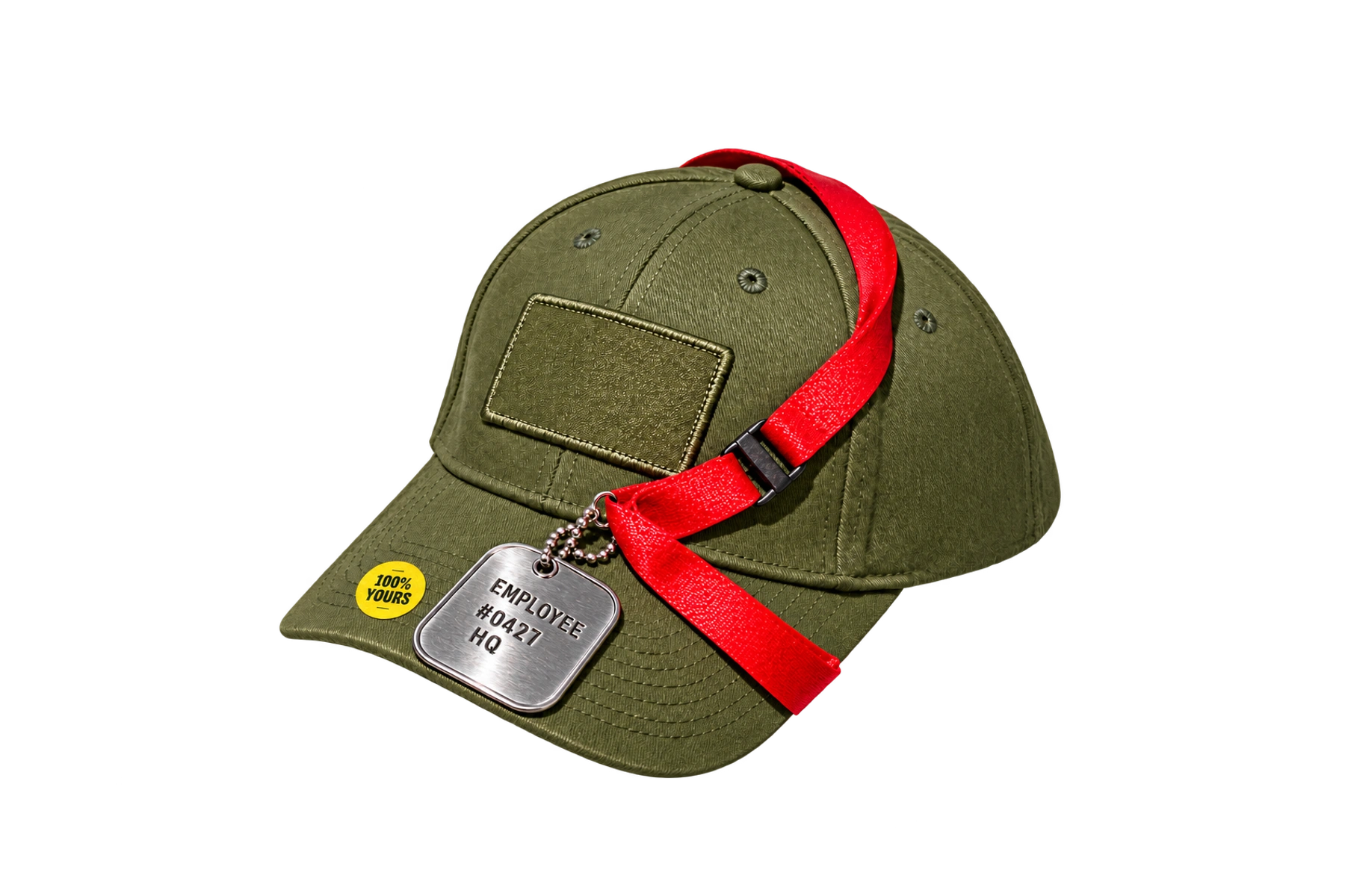 An olive cap with a steel employee tag on a red lanyard and a yellow 100% yours sticker.