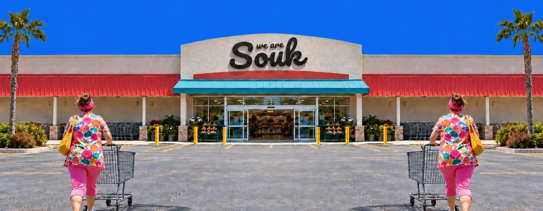 The We Are Souk supermarket, with a red facade, palm trees and two shoppers in bright floral shirts.