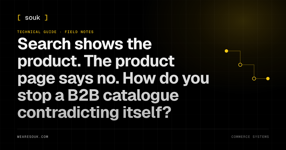 We Are Souk article cover: Search shows the product. The product page says no. How do you stop a B2B catalogue contradicting itself?