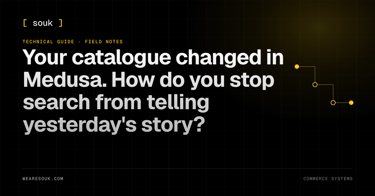 We Are Souk article cover: Your catalogue changed in Medusa. How do you stop search from telling yesterday's story?