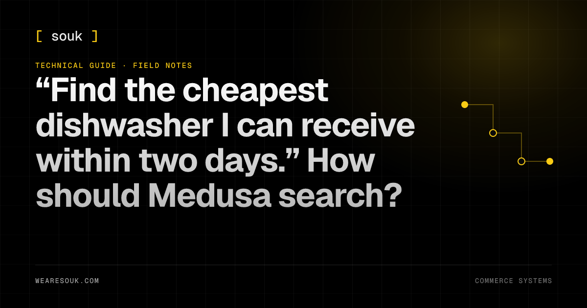 We Are Souk article cover: “Find the cheapest dishwasher I can receive within two days.” How should Medusa search?
