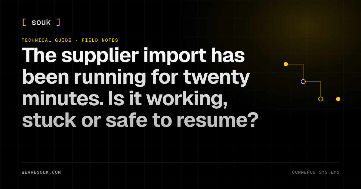 We Are Souk article cover: The supplier import has been running for twenty minutes. Is it working, stuck or safe to resume?