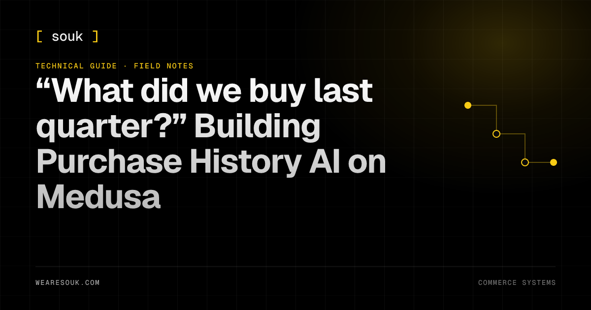 We Are Souk article cover: “What did we buy last quarter?” Building Purchase History AI on Medusa