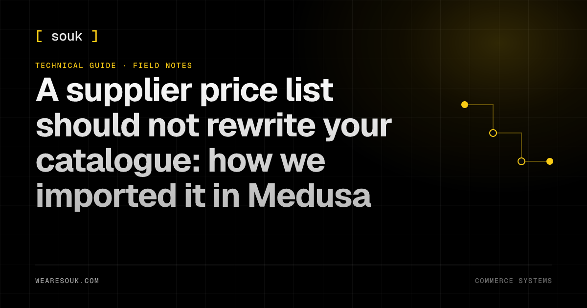 We Are Souk article cover: A supplier price list should not rewrite your catalogue: how we imported it in Medusa